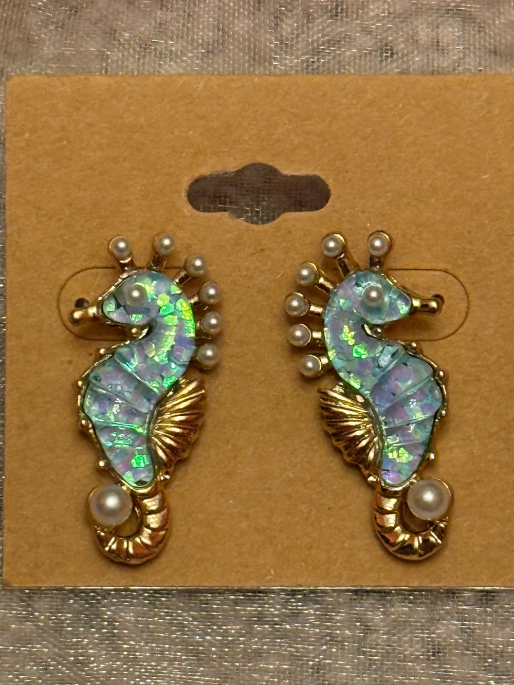 Seahorse Earrings W/Iridescent Blue Gold & Faux Pearl Accents from HI